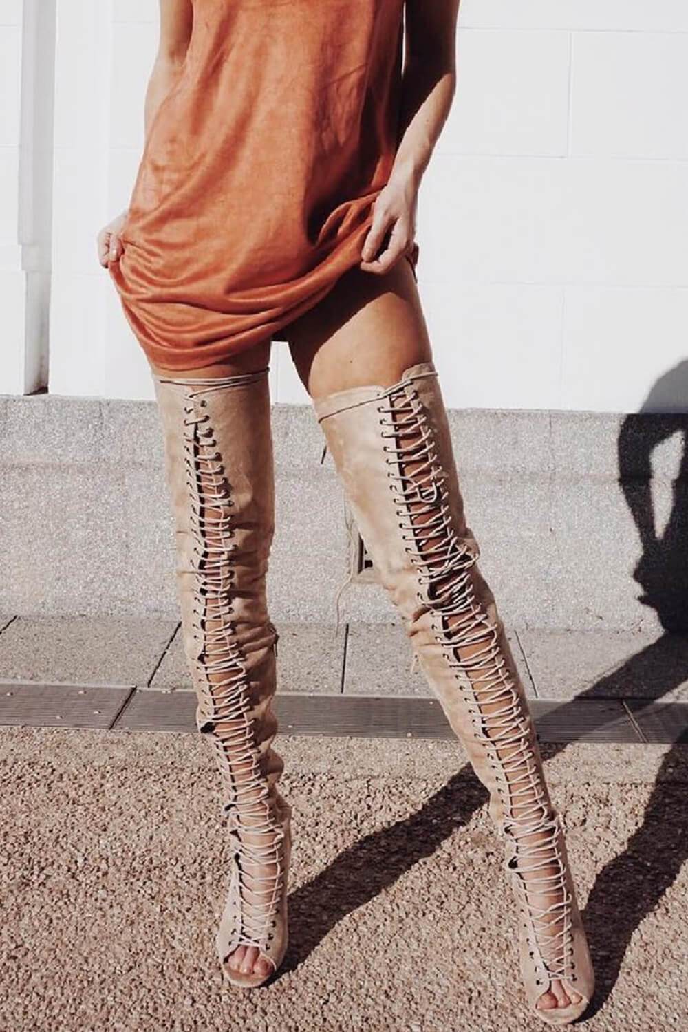 Thigh high open store toe lace up boots