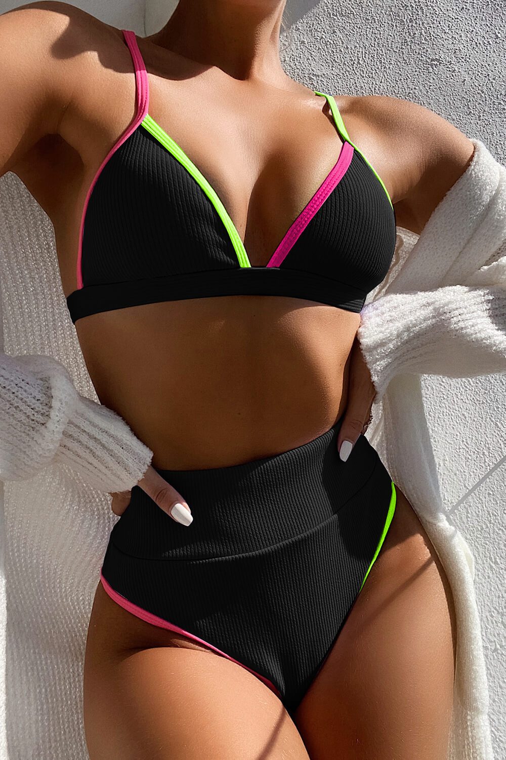 Pink Lime Black Colorblock Rib Triangle Bikini Top – FloralKini