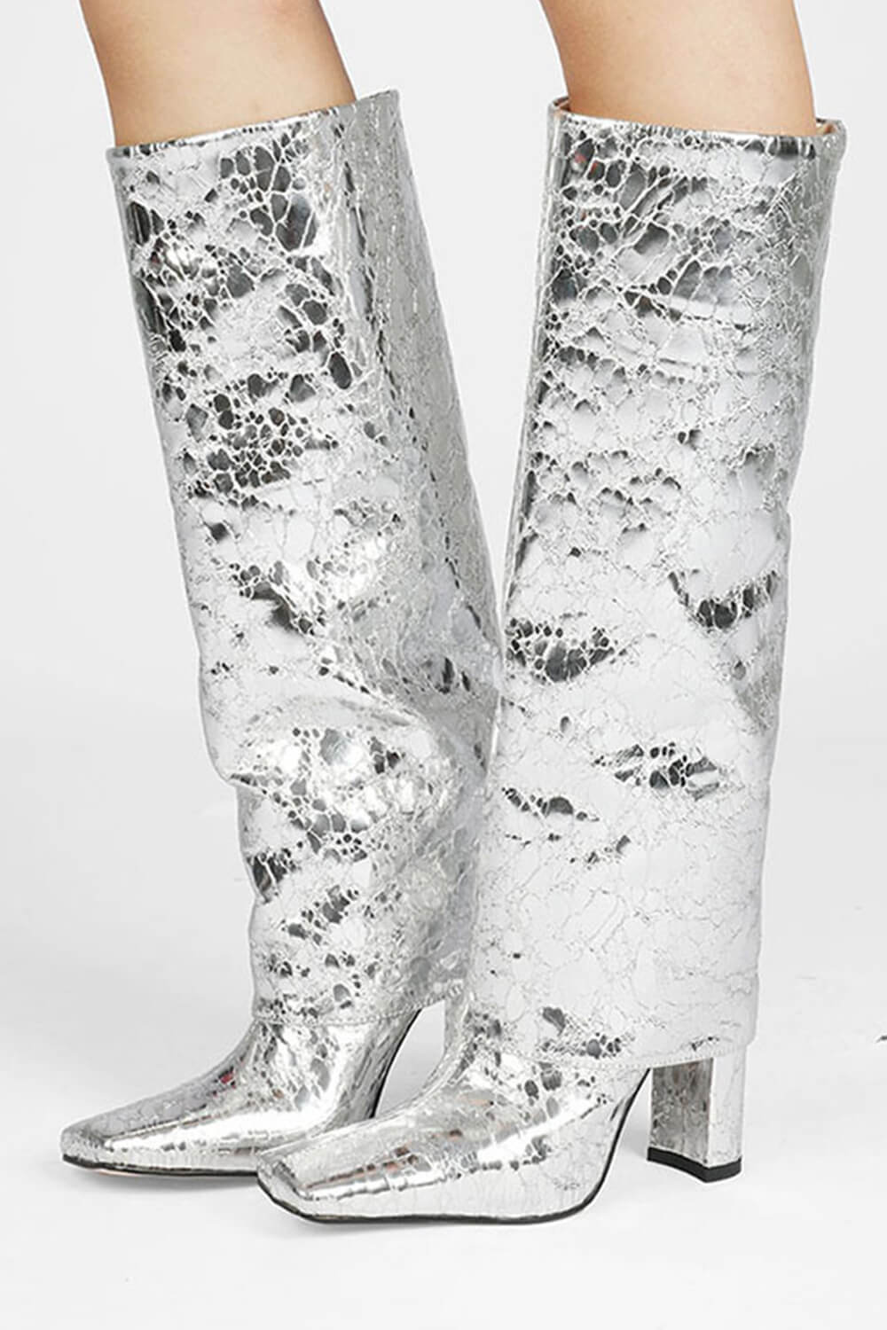 Faux Leather Folded Over Square Toe Block Heeled Knee High Long Boots -  Silver