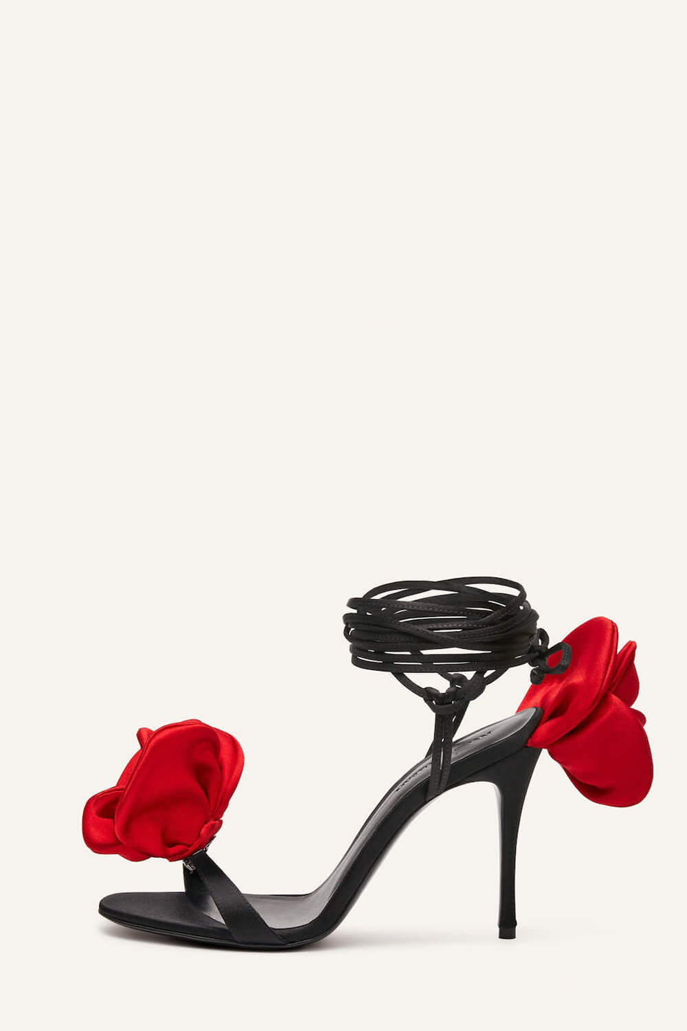 Red And Black Flower Embellished Satin Lace Up Open Toe Stiletto Heels –  FloralKini