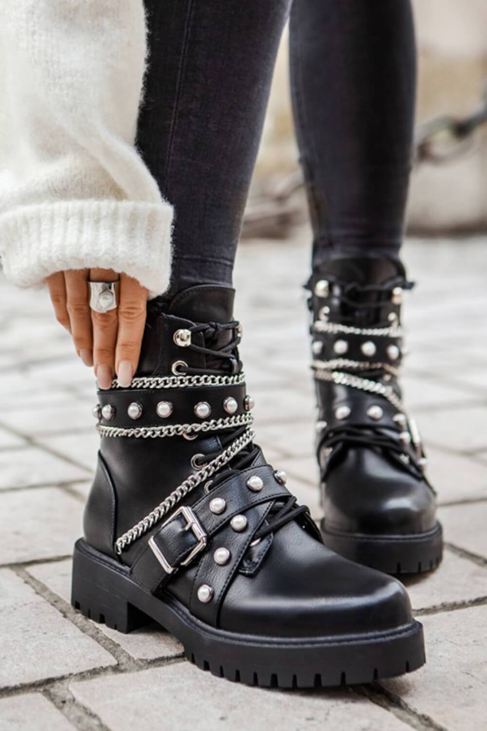 pearl lace up boots