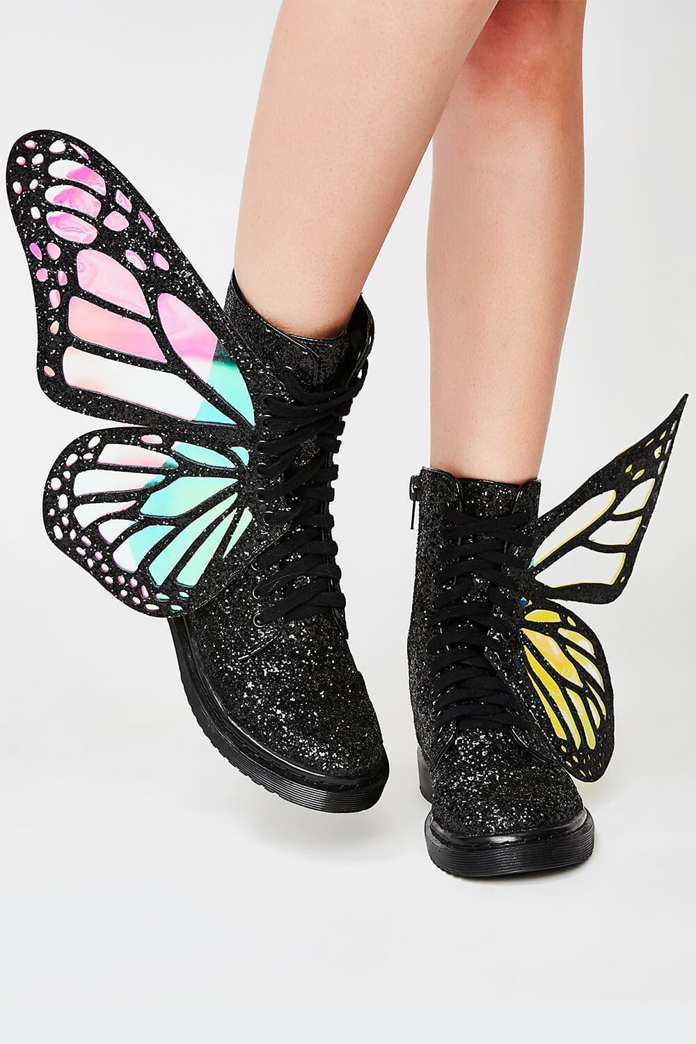 Black Metamorphic Glitter Lace Up Boots With Butterfly Wings