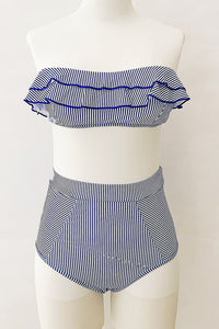 Blue White Striped Frill Bandeau Bikini Top