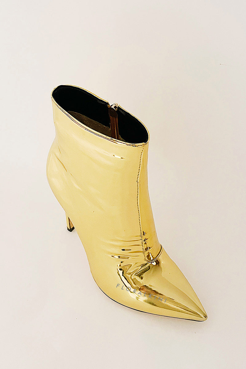 Metallic Gold Pointed Stiletto Heeled Ankle Boots