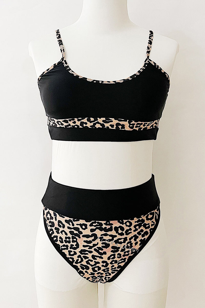 Black And Leopard Print Blocked Sporty Bikini Top