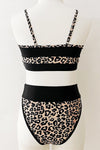 Black And Leopard Print Blocked Sporty Bikini Top