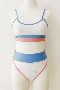 White With Light Blue And Rosey Pink Sporty Bikini Top