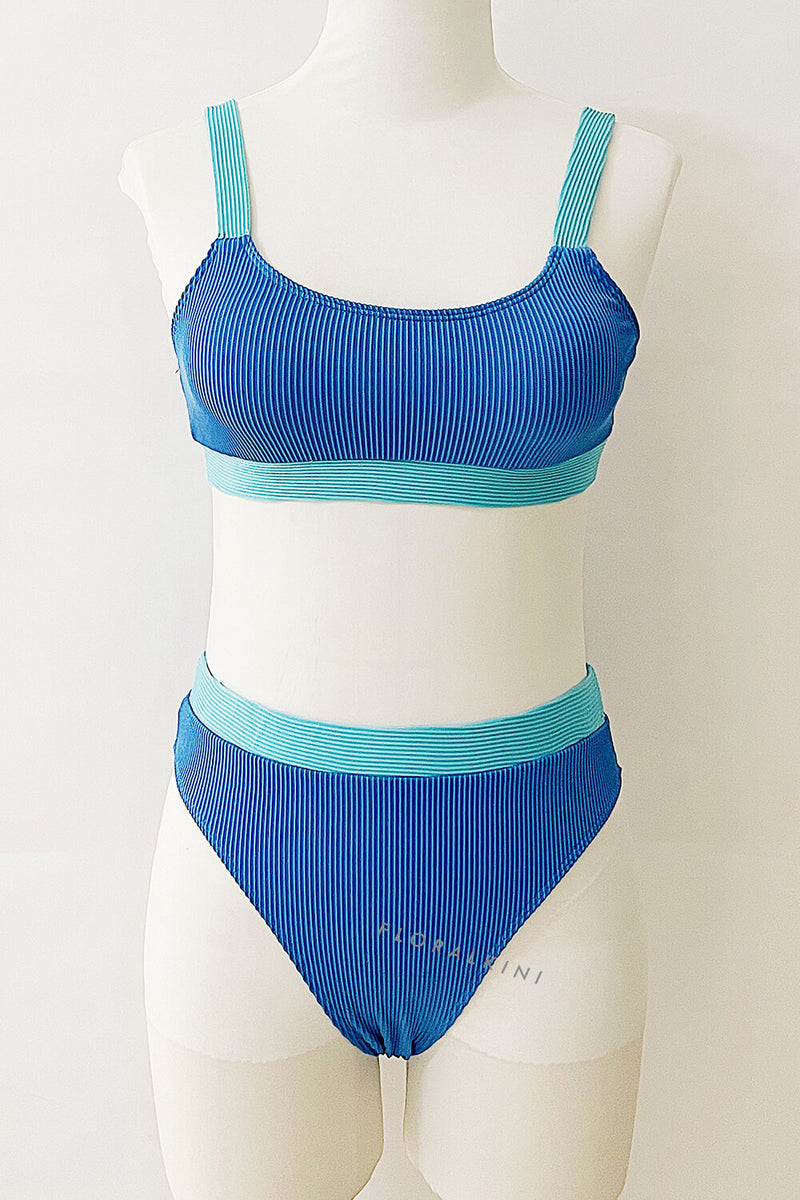 Blue Blocked Rib Sporty Bikini Top