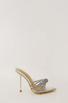 Faux Snake Print Diamante Knot Pointed Toe Heeled Mules - Silver