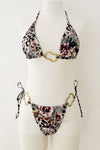 Halter Triangle Tie Side Bikini Set With Gold Hardware Details - Leopard Rose