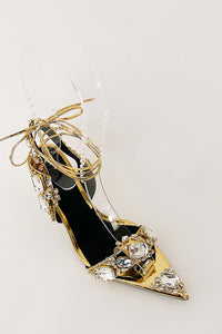 Metallic Crystal-Embellished Poiny Jewel Lace Up Stiletto Heeled Sandals - Gold