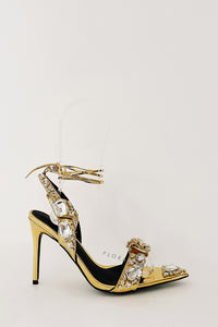 Metallic Crystal-Embellished Poiny Jewel Lace Up Stiletto Heeled Sandals - Gold