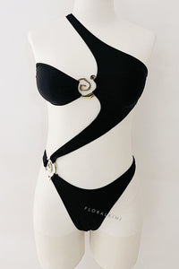 Black One Shoulder One Piece Swimsuit With Gold Spiral Hardware Details