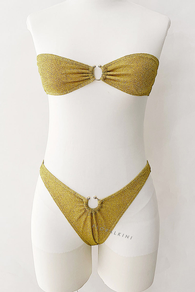 Gold Shimmer Bandeau Bikini Set With Ring Details