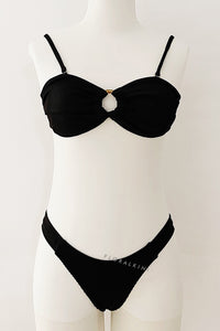 Ribbed Bandeau Tie Back Bikini Set With Tortoise Shell O-Ring Detail - Black