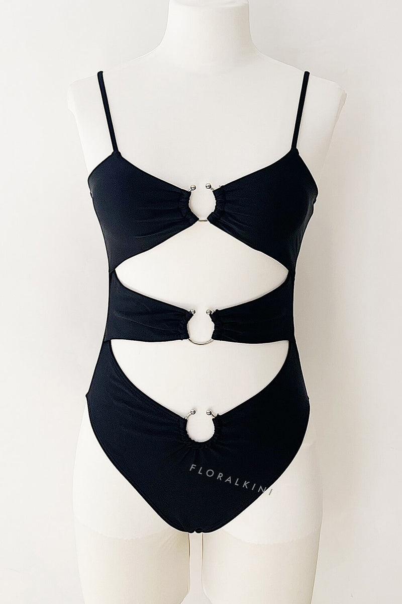 Ring Cut Out High-Cut One Piece Swimsuit - Black/White