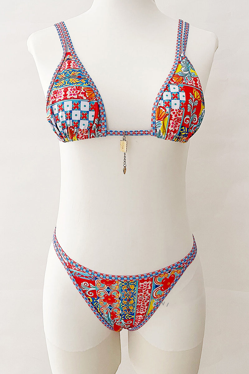 Printed Triangle Tie Back Bikini Set