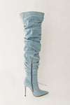 Denim Ruched Over-The-Knee Pointed Toe Stiletto Boots