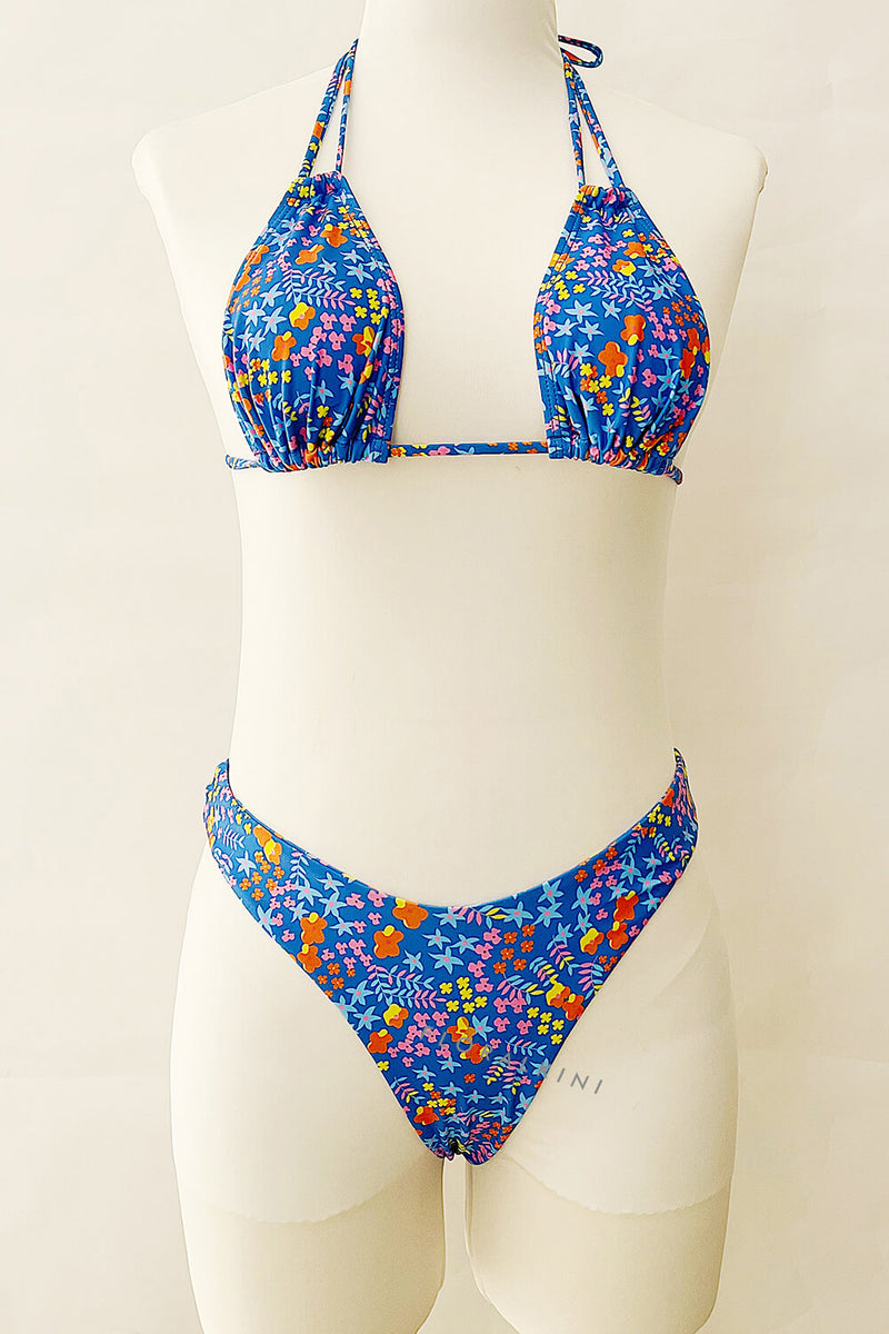 Halter Triangle Tie Side Bikini Set - Blue Floral