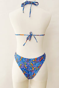 Halter Triangle Tie Side Bikini Set - Blue Floral