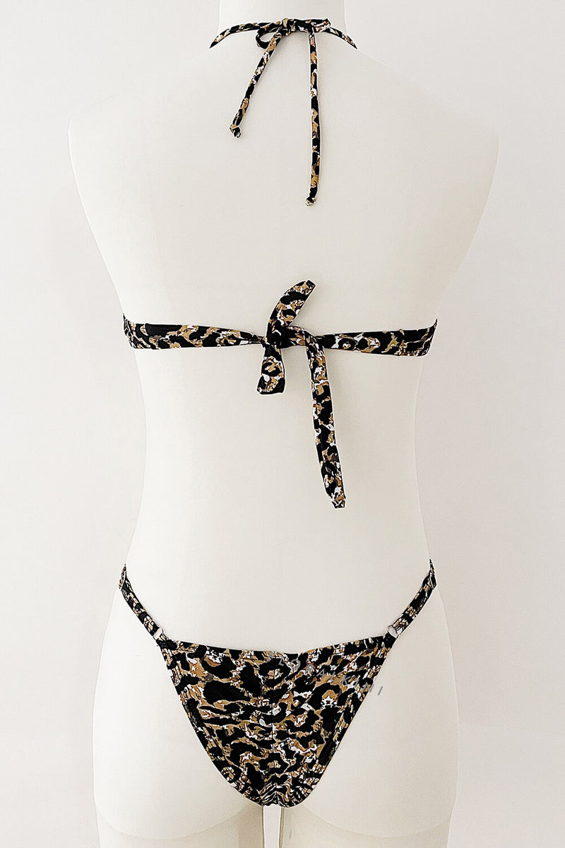 Leopard Print Halter-Neck Bralette V Wire Tanga Scrunch Back Bikini Set