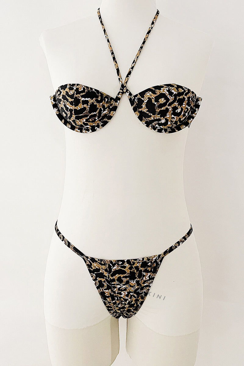 Leopard Print Halter-Neck Bralette V Wire Tanga Scrunch Back Bikini Set