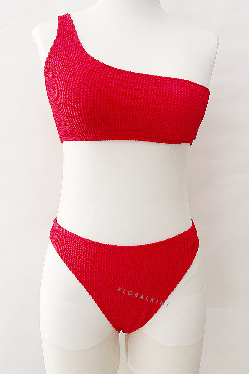 Red Crinkle One Shoulder Bikini Top