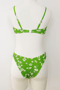 Pale Green Floral Ruched Scoop Crop Bikini Top