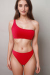 Red Crinkle One Shoulder Bikini Top