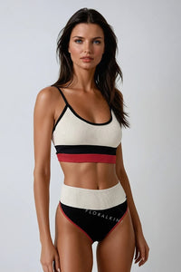 Cream And Red Striped Ribbed Bikini Top