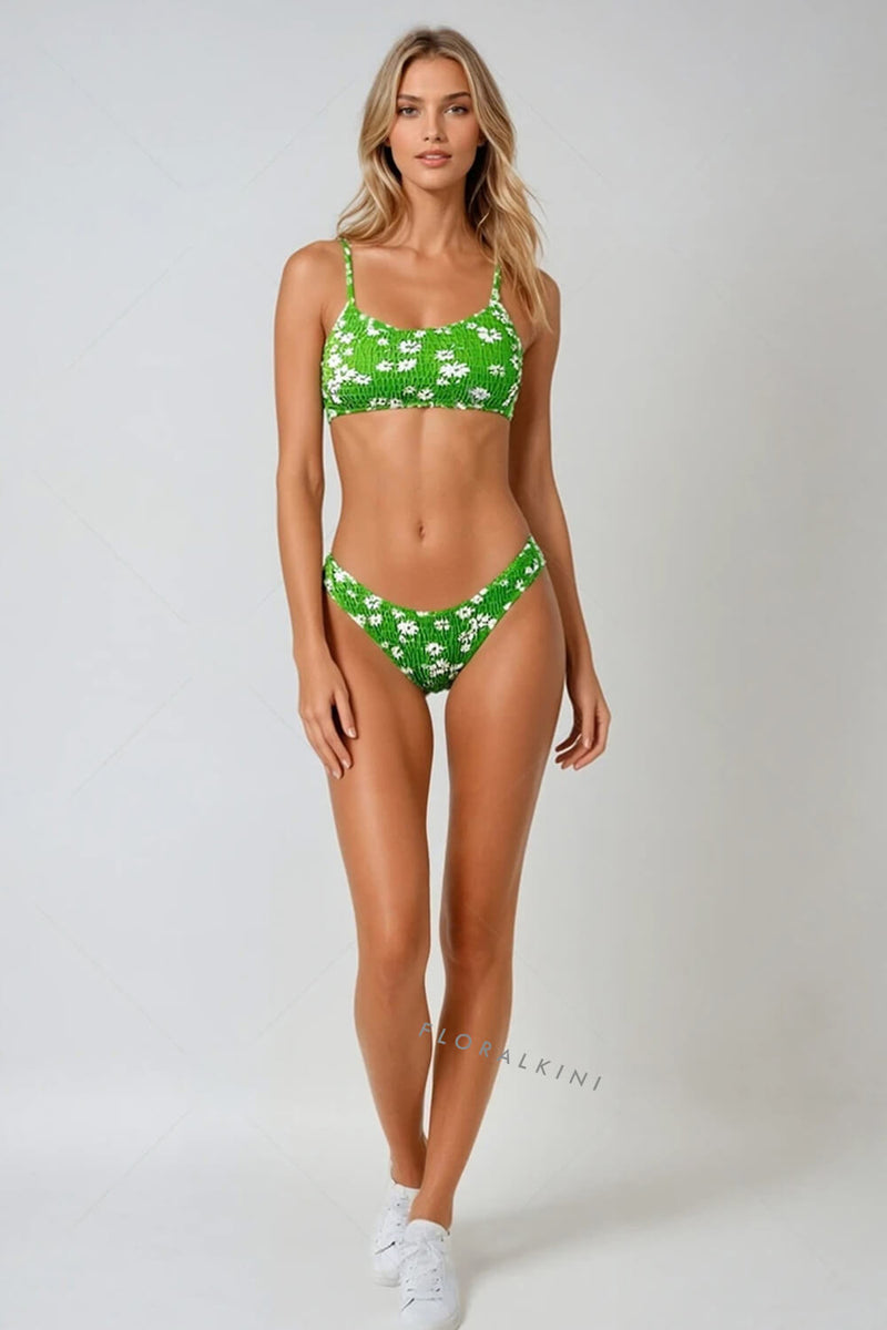 Pale Green Floral Ruched Scoop Crop Bikini Top