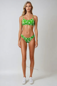 Pale Green Floral Ruched Scoop Crop Bikini Top