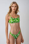 Pale Green Floral Ruched Scoop Crop Bikini Top