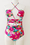 Floral Laceup Crossover Halterneck One Piece Swimsuit