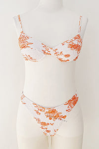 Orange And White Floral Ruched Bra Underwire Bikini Top