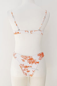 Orange And White Floral Ruched Bra Underwire Bikini Top