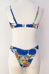 Medium Blue Floral Ruched Scoop Crop Bikini Top