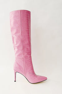 Croc-Effect Faux Leather Pointed Toe Stiletto Heel Knee High Boots