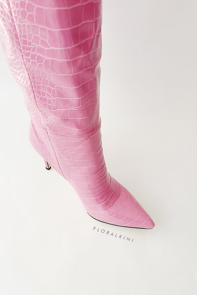 Croc-Effect Faux Leather Pointed Toe Stiletto Heel Knee High Boots