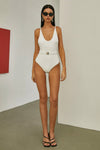 White V-neck Belted One Piece Swimsuit