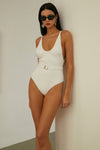 White V-neck Belted One Piece Swimsuit