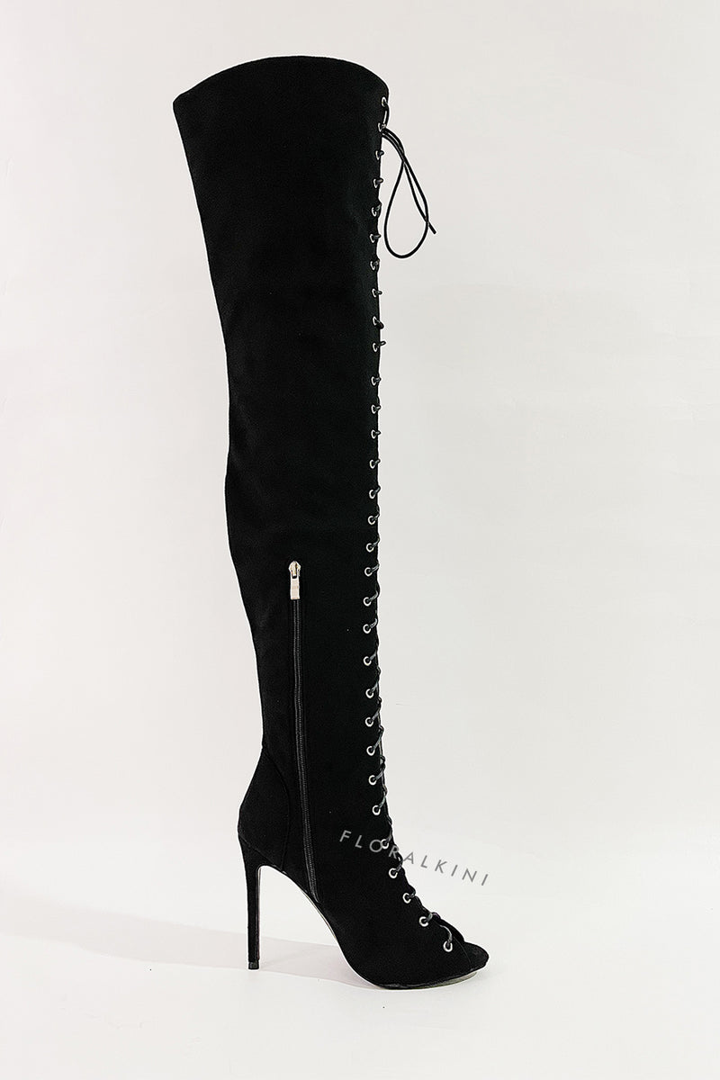 Black Suede Lace Up Peep Toe Thigh High Boots