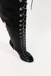 Black Suede Lace Up Peep Toe Thigh High Boots