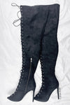 Black Suede Lace Up Peep Toe Thigh High Boots