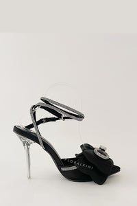 Black Satin Bow Detail Diamante Lace Up Clear Perspex Stiletto Heel