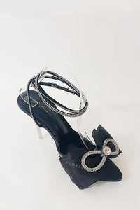 Black Satin Bow Detail Diamante Lace Up Clear Perspex Stiletto Heel