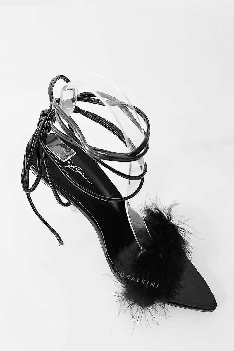 Black Faux Fur Lace Up Clear Perspex Stiletto Heels