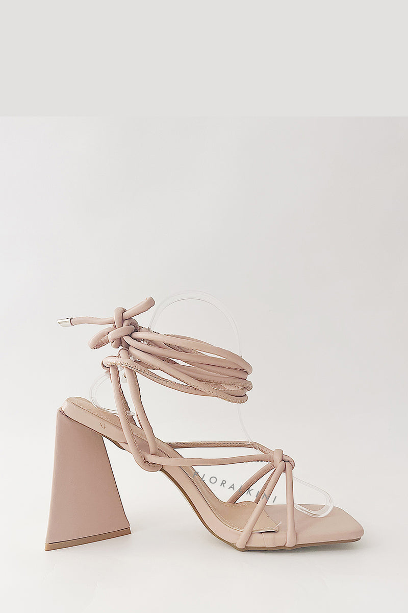 Nude Faux Leather Knotted Detail Lace Up Square Toe Sculptured Flared Block Heels