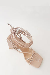 Nude Faux Leather Knotted Detail Lace Up Square Toe Sculptured Flared Block Heels