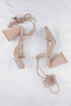 Nude Faux Leather Knotted Detail Lace Up Square Toe Sculptured Flared Block Heels